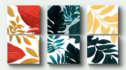 Intricate Set of Four Tropical Leaf and Abstract Foliage Patterns in Bold, Contrasting Colors with Emphasis on Clean White Background and Tiled Layout