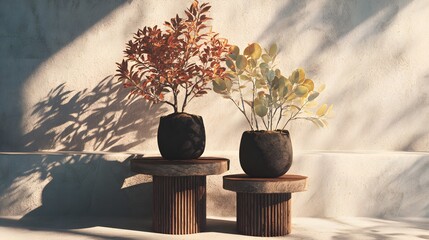 Artistic Scene of Artisanal Potted Plants on Distinctly Crafted Tables Radiating Tranquility and Geometric Harmony