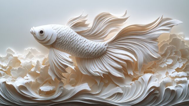 Intricate white paper relief sculpture of a betta fish amidst stylized waves and flowers.