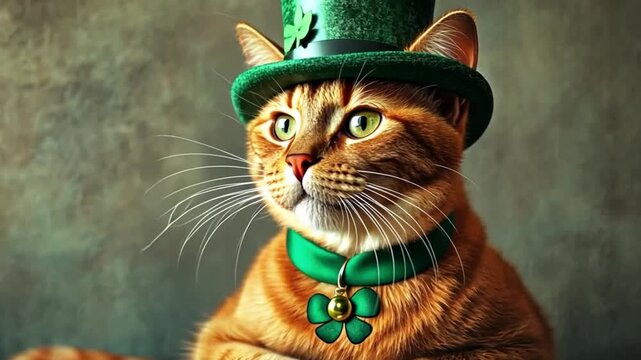 Studio portrait of a ginger cat wearing a green top hat and a shamrock necklace, celebrating St. Patrick's Day with style and charm