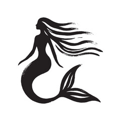 Mermaid silhouette black brush style on white background vector illustration