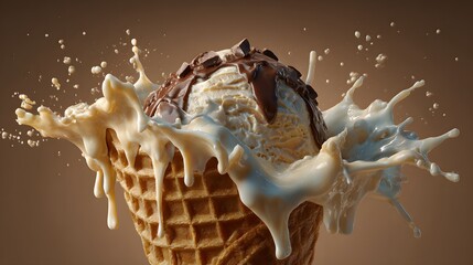 Realistic ice cream art with natural melting and clearly defined separated cream layer, highlighted by intricate light reflections in high resolution