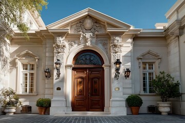 Obraz premium Grand European Mansion Entrance with Ornate Wooden Door and Classic Architectural Details