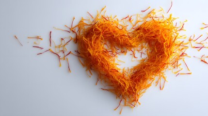 An Elaborate Gourmet Visual Artistry Featuring Heart-Shaped Saffron Threads on a Pristine White Backdrop, Captured with a Top-Down Perspective for Enhanced Intricate Detailing