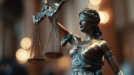 The sculpture of Lady Justice holding scales in a symbolic depiction of law.