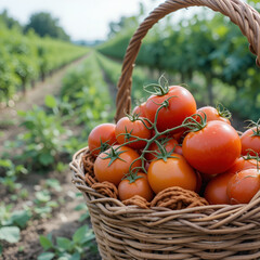 Freshly Harvested Red Tomatoes in Wicker Basket on Farm Field