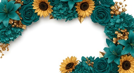 floral border in teal and gold tones for wedding invitations, greeting cards, website headers, and social media banners.