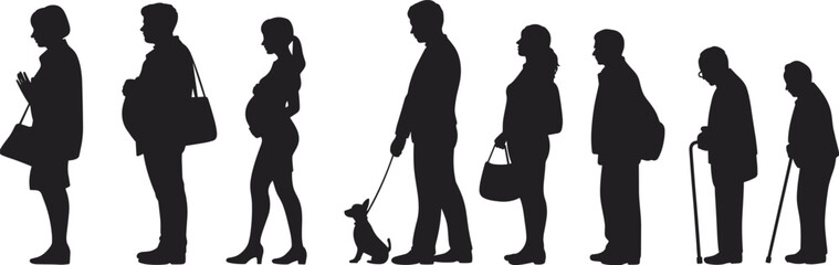 Silhouettes of diverse people standing in a row, various ages and life stages, including pregnancy, elderly with canes, and person walking dog, vector illustration