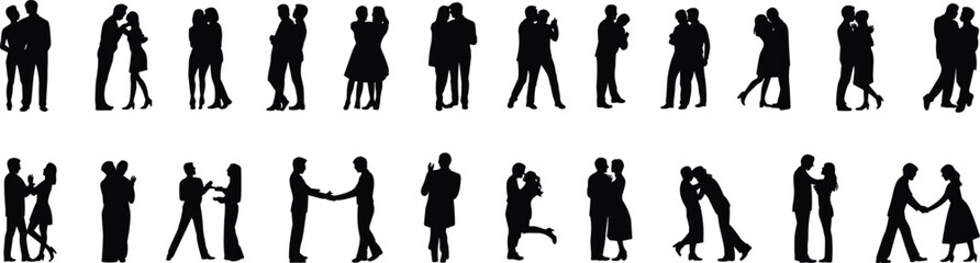 Silhouettes of couples dancing and embracing, romantic poses, diverse genders, isolated white background, vector illustration for Adobe Stock, love and relationship concept