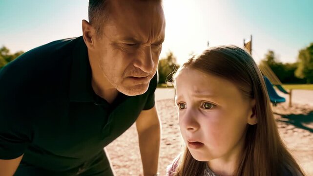 man is talking aggressively to girl. abusive father screams at his daughter. Angry man yells at frightened girl on street. Abusive father and scared daughter, psychological violence and child abuse.