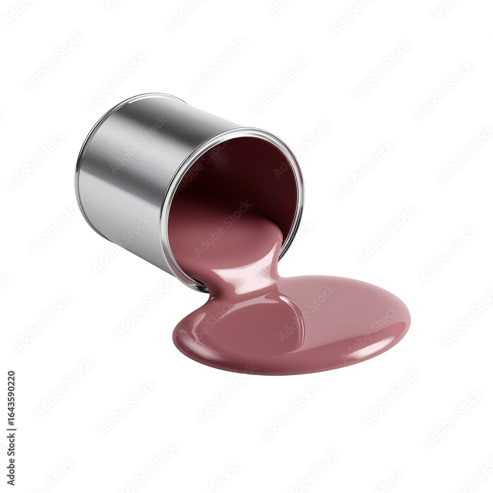 Poster metallic can spilling fluid magenta material creating abstract patterns isolated view on