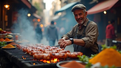 Friendly Street Food Vendor Grilling Sausages Outdoors, Smiling Chef Cooking BBQ at a Bustling Market, Authentic Grill Master with a Warm Demeanor, Happy Sausage Vendor Working His Street Stall