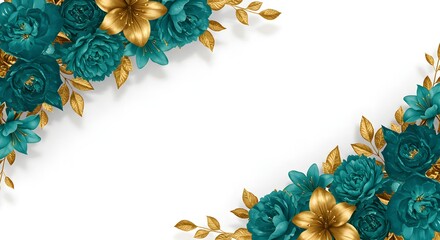 Elegant teal and gold floral arrangement on the edges over a white background, for wedding invitations, greeting cards, website headers, and social media banners.