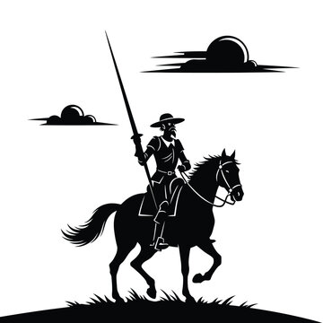 Vector art of silhouette of don quixote riding a horse with a lance isolated on white background