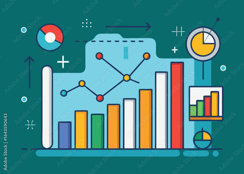 Poster colorful bar graph line chart pie chart data visualization vector