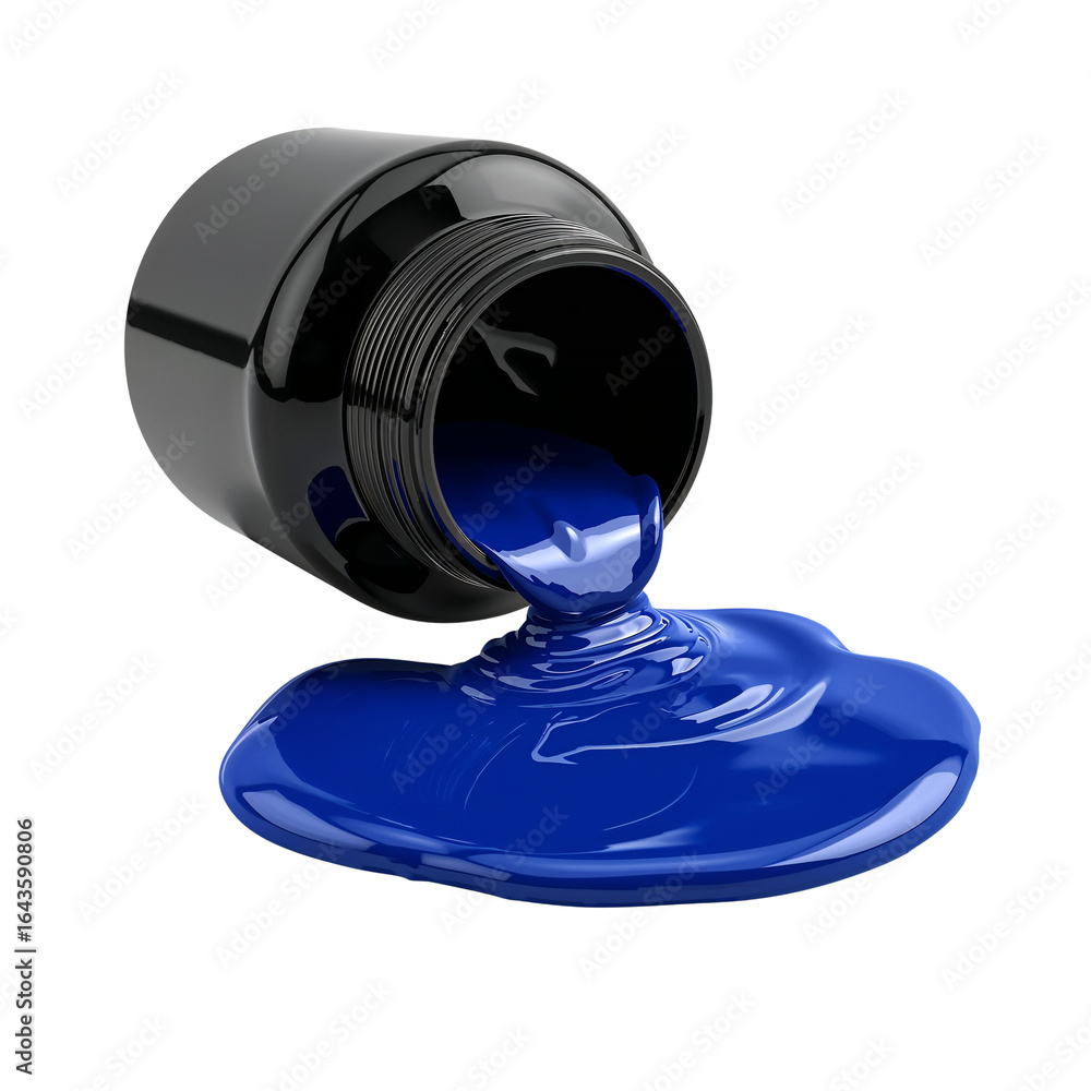Poster vibrant blue paint cascading from a sleek container against a clean isolated setting adds a