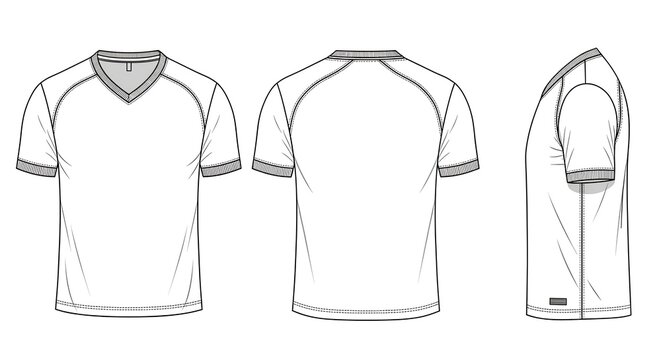 V-neck raglan sleeve t-shirt technical sketch. Blank clothing apparel vector mockup with front, back, and side views for design. - Powered by Adobe