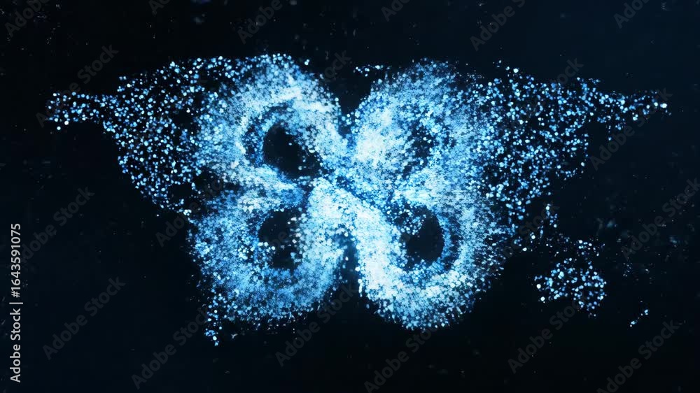 Poster abstract particle logo formation - a glowing blue abstract logo forms from a particle cloud against 
