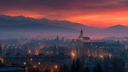 Town Skyline Illuminated by Dusk's Fiery Glow