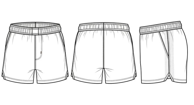 Men's boxer shorts technical flat fashion sketch template. Apparel vector illustration of an underwear garment with front, back, and side views.