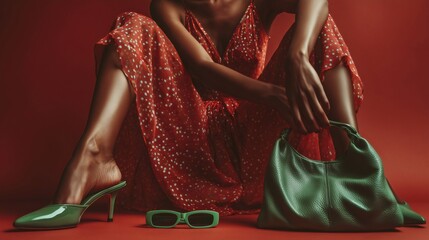 Fashion model sitting on red background, wearing red dotted dress and green high heels, holding a green handbag, with green sunglasses next to her feet, showcasing latest fashion trends