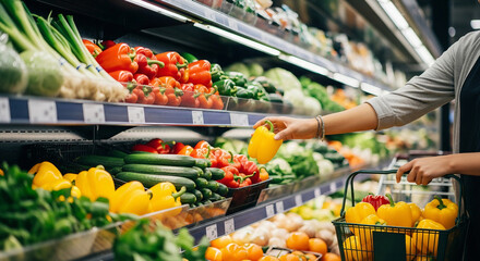 Woman selecting a yellow bell pepper from a well stocked produce section in a supermarket aisle