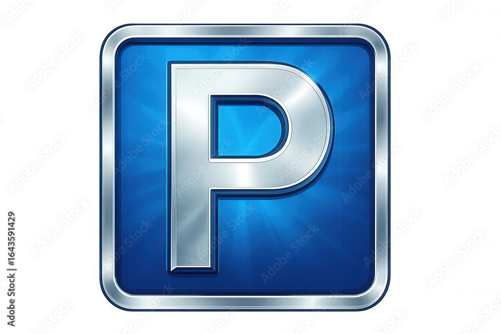 Poster chrome letter p on blue, inside a chrome rounded square, composing a parking app icon with transpare