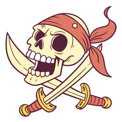 Cartoon pirate skull with crossed swords and red bandana emblematic of danger and adventure