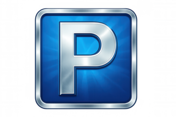 Chrome letter p on blue, inside a chrome rounded square, composing a parking app icon with transparent background