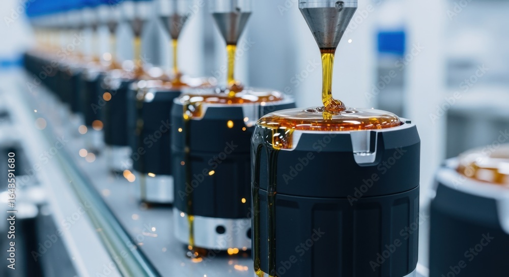 Poster production line view of multiple seismic survey nodes being coated with potting resin highlighting m