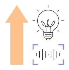 Light bulb represents innovation, upward arrow signifies growth, audio waves convey communication. Ideal for business, creativity, technology, innovation, communication, progress and solutions