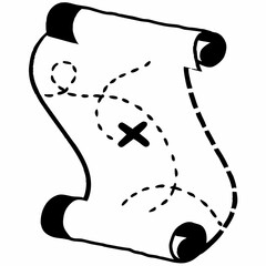 Simple black and white illustration of a rolled treasure map with a dotted line path and an x marking the spot