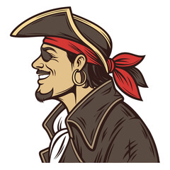 Smiling pirate character wearing an eyepatch and tricorne hat with red bandana and hoop earring