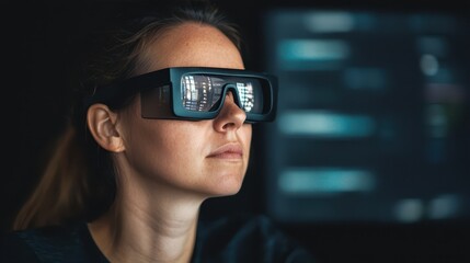 A woman wearing smart glasses, focused intently, with a digital interface reflected in the lenses.