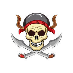 Stylized pirate skull with crossed sabers and red bandana on a black background vector illustration