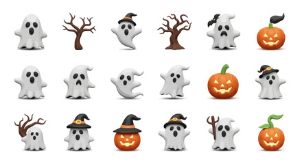 Fototapeta premium Halloween Icons Set of Charming 3D Halloween Icon Set Playful Ghosts Glowing Pumpkins and Spooky Trees. Vector Illustrations. EPS Editable