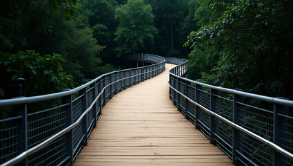 A winding wooden boardwalk with metal railings, surrounded by dense green trees.