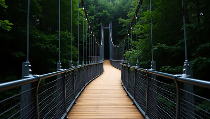 Fototapeta premium A suspension bridge with a wooden walkway, metal railings, lights, surrounded by dense green trees.