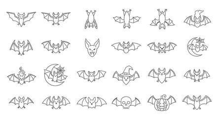 Halloween Icons Set of Collection of Cute and Spooky Halloween Bat Line Art Icons and Characters. Vector Illustrations. EPS Editable