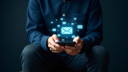 Hands holding a phone, with glowing email icons and connecting lines, symbolizing digital communication.
