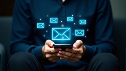 Hands holding a phone, with glowing email icons floating above, representing digital communication.
