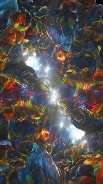 A vibrant, abstract tunnel of colorful, iridescent crystals leading towards a bright central light.