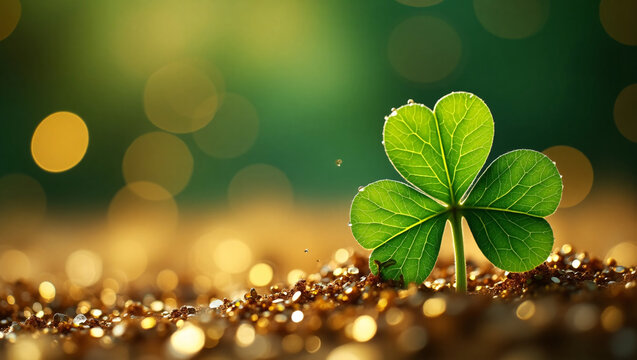 A four leaf clover with dew drops, growing from glittery soil, set against a bokeh green and gold background. - Powered by Adobe