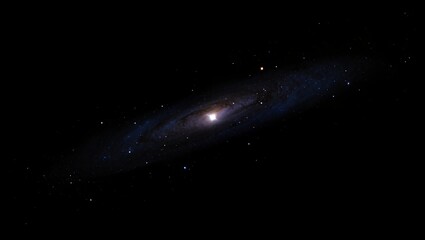 A distant spiral galaxy with a bright, luminous core and swirling arms floats in the vast, dark expanse of outer space.