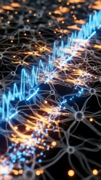 A glowing blue electrical signal travels through a complex network of interconnected neurons and synapses.