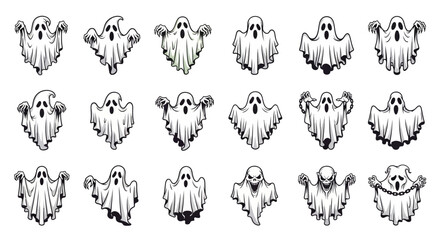 Obraz premium Halloween Icons Set of Expressive Halloween Ghosts A Monochrome Vector Set of Spooky Apparitions. Vector Illustrations. EPS Editable