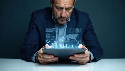 A man in a suit uses a tablet with a holographic interface showing data and maps.