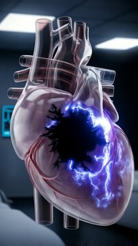 Digital illustration of a human heart with a dark, damaged area and blue electrical currents, set in a medical environment.