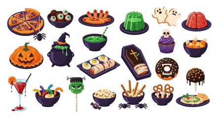 Halloween Icons Set of Ghoulishly Delicious Halloween Food Set Brain Jelly Ghost Cookies and Witchs Brew. Vector Illustrations. EPS Editable