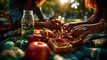 friends sitting on picnic blanket in sunny park - perfect for lifestyle blog, summer event promotion